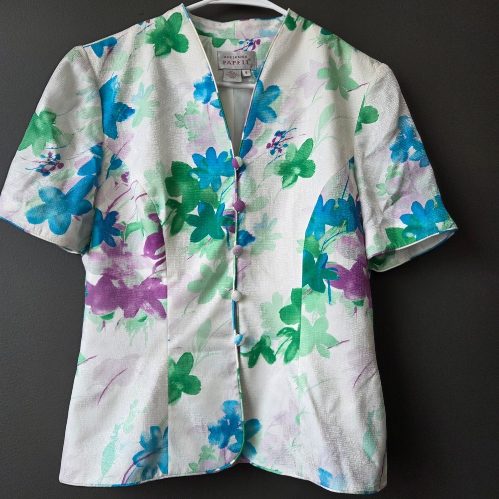 Vintage Adrianna Papell 100% Silk Floral Skirt Set Blue Green Purple Womens 8 - Picture 3 of 13